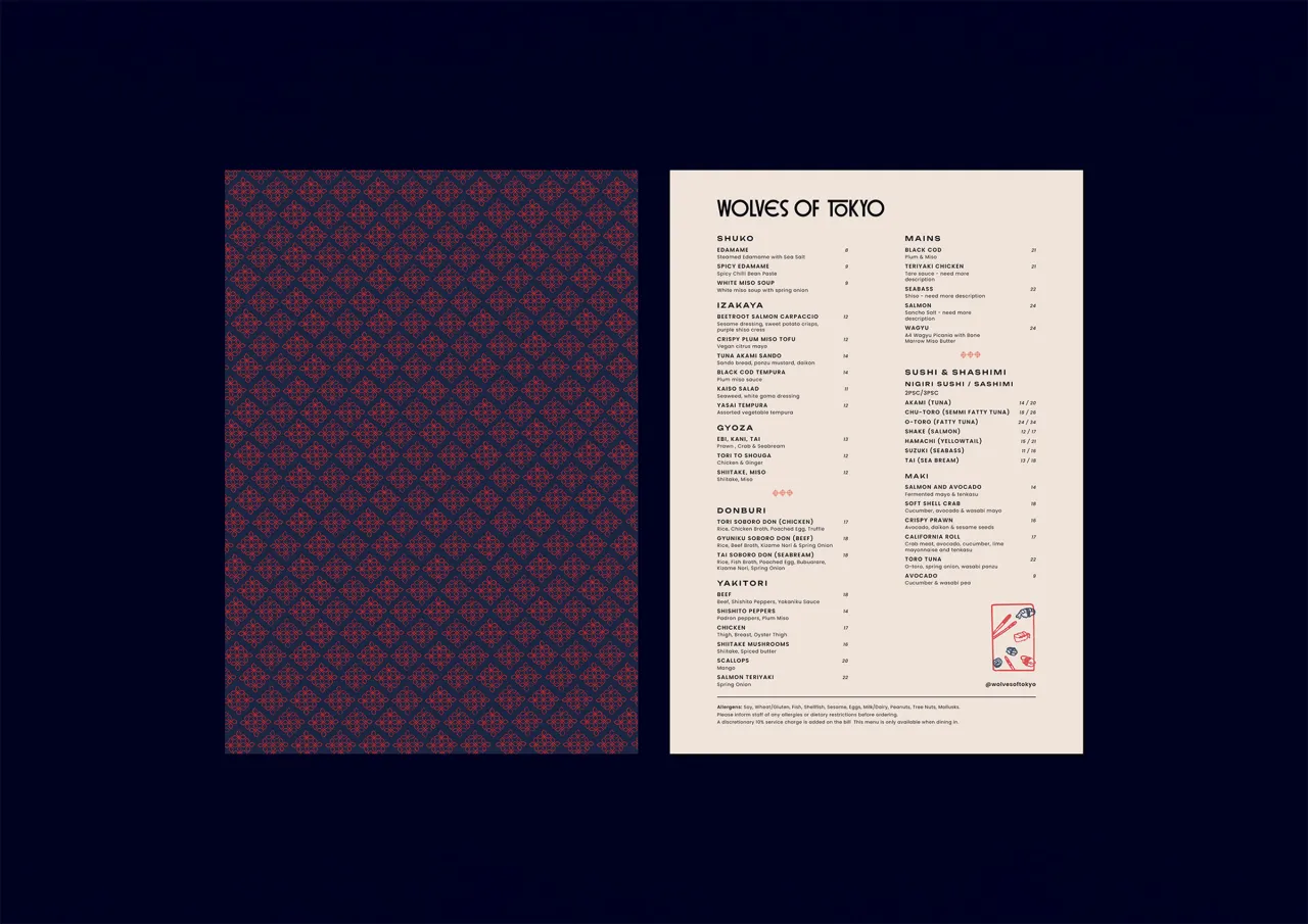 Wolves of Tokyo menu cover with repeating red and blue geometric pattern, and interior menu page listing dishes across categories