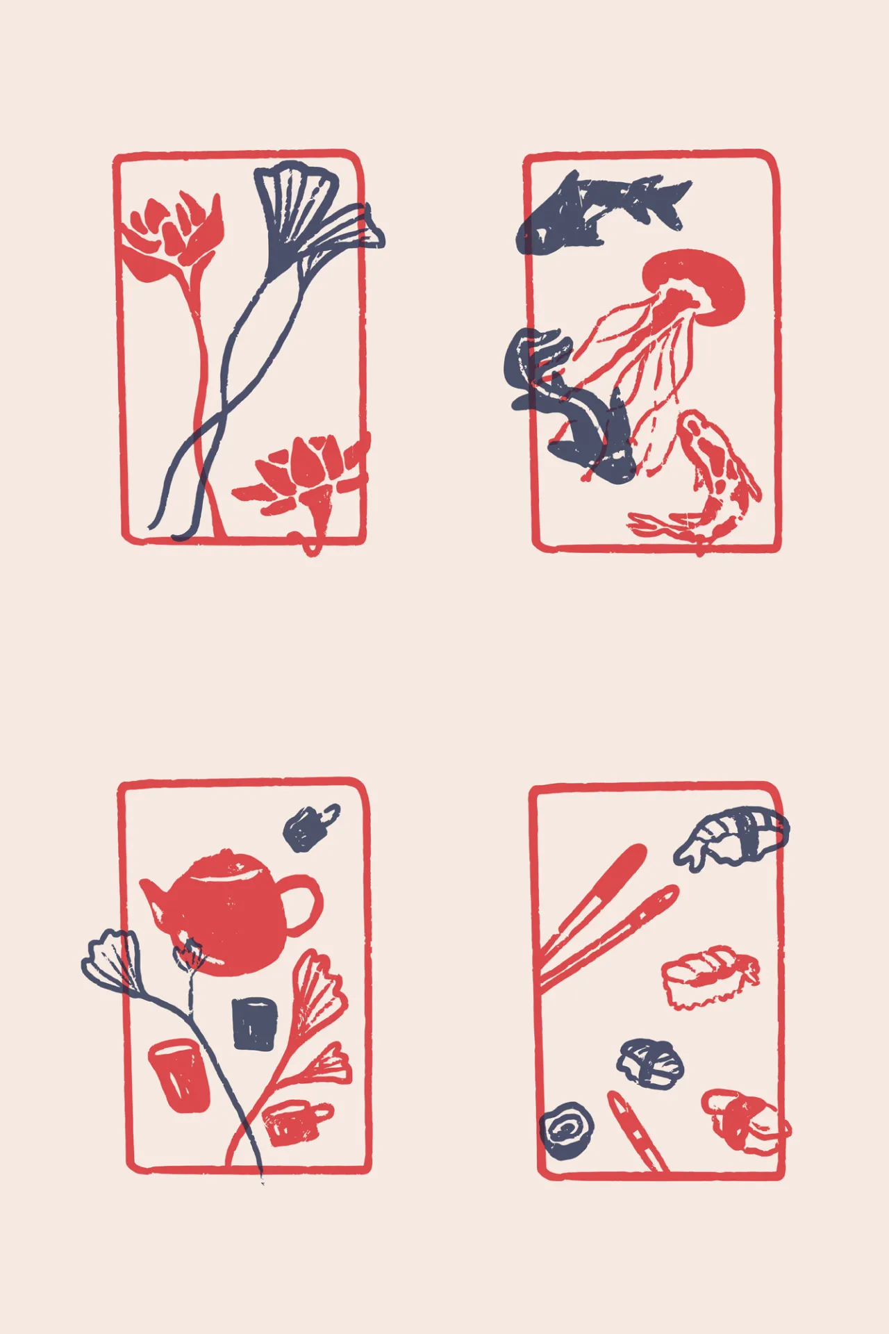 Four illustrated panels showing stylised red and navy botanical and culinary elements including flowers, fish, teapot, chopsticks and sushi, outlined in red borders