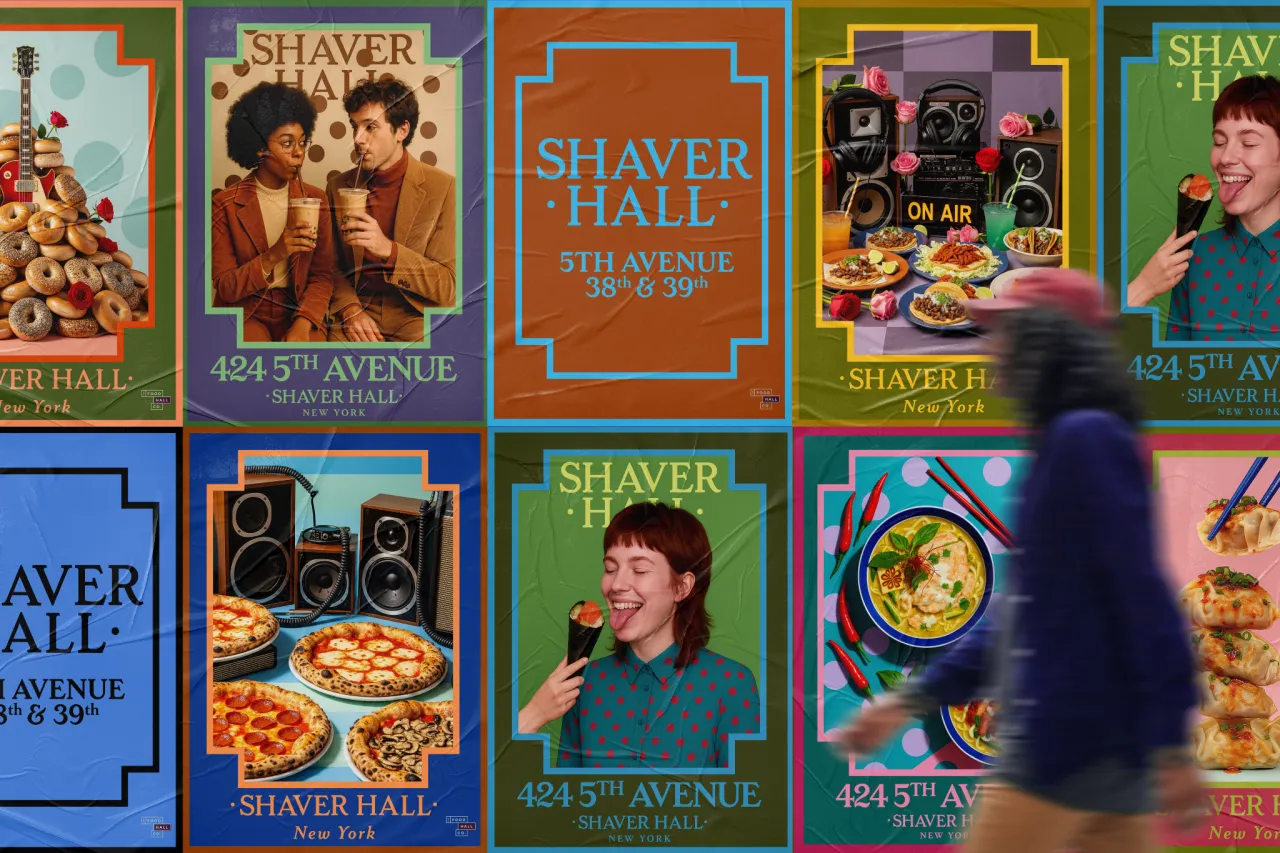 Colourful branded posters for Shaver Hall at 424 5th Avenue featuring food, people and vintage-style graphics in a grid layout on a building facade