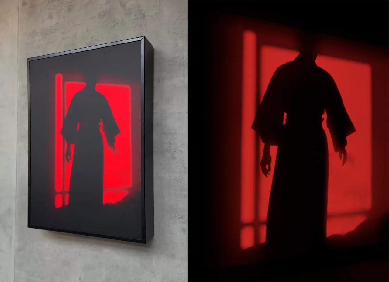 Neon red silhouette of a figure holding a rifle against a bright red background, displayed as a framed artwork on a concrete wall and shown in close-up detail on the right