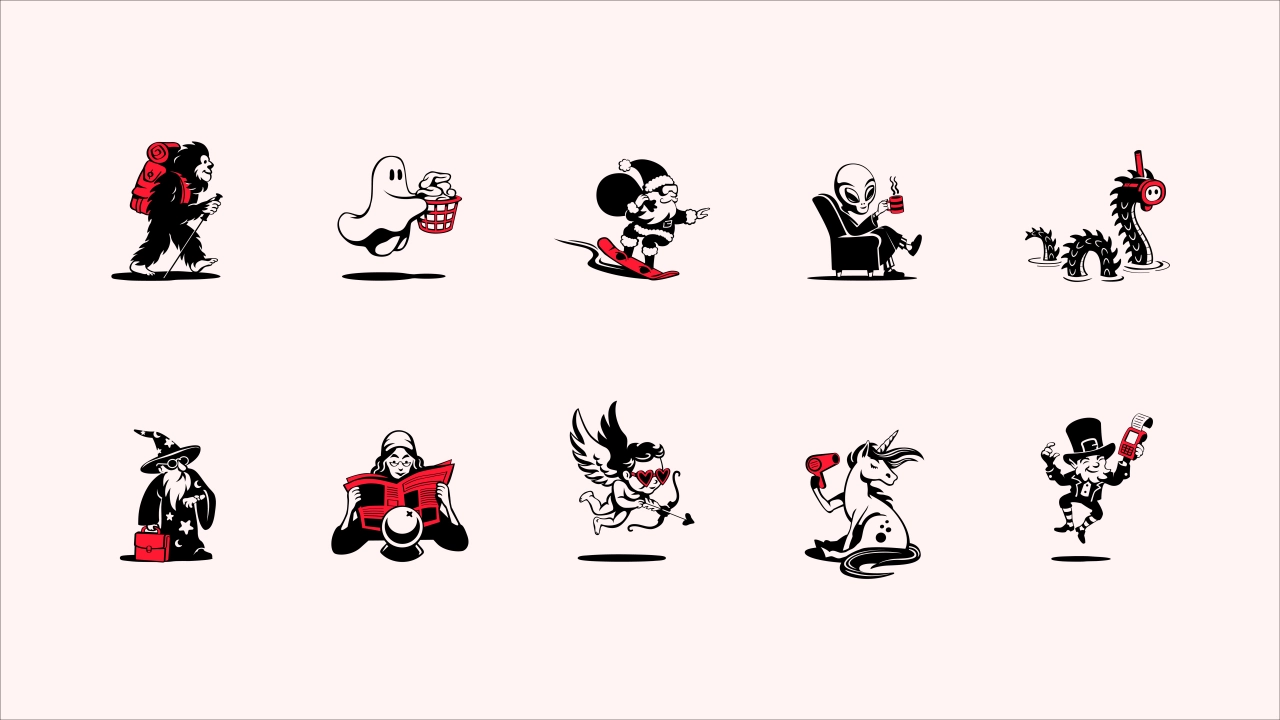 Ten black and white cartoon characters with red accents, including mythical creatures and stylised figures, arranged in two rows on a pale pink background